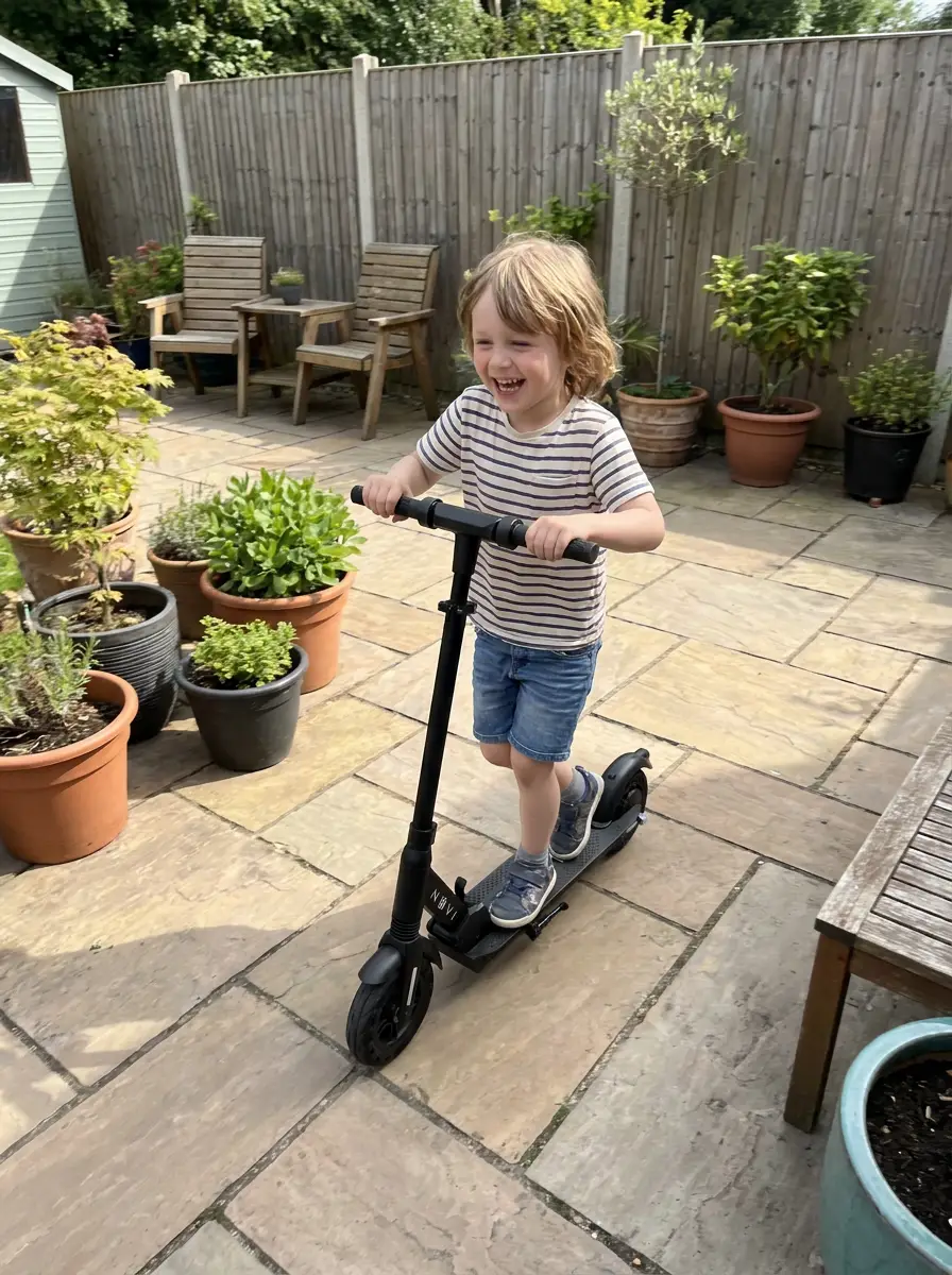 A child riding a Gorilla Karts electric scooter in the garden