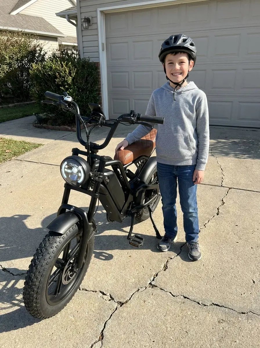 A proud young rider with their Gorilla Karts electric bike