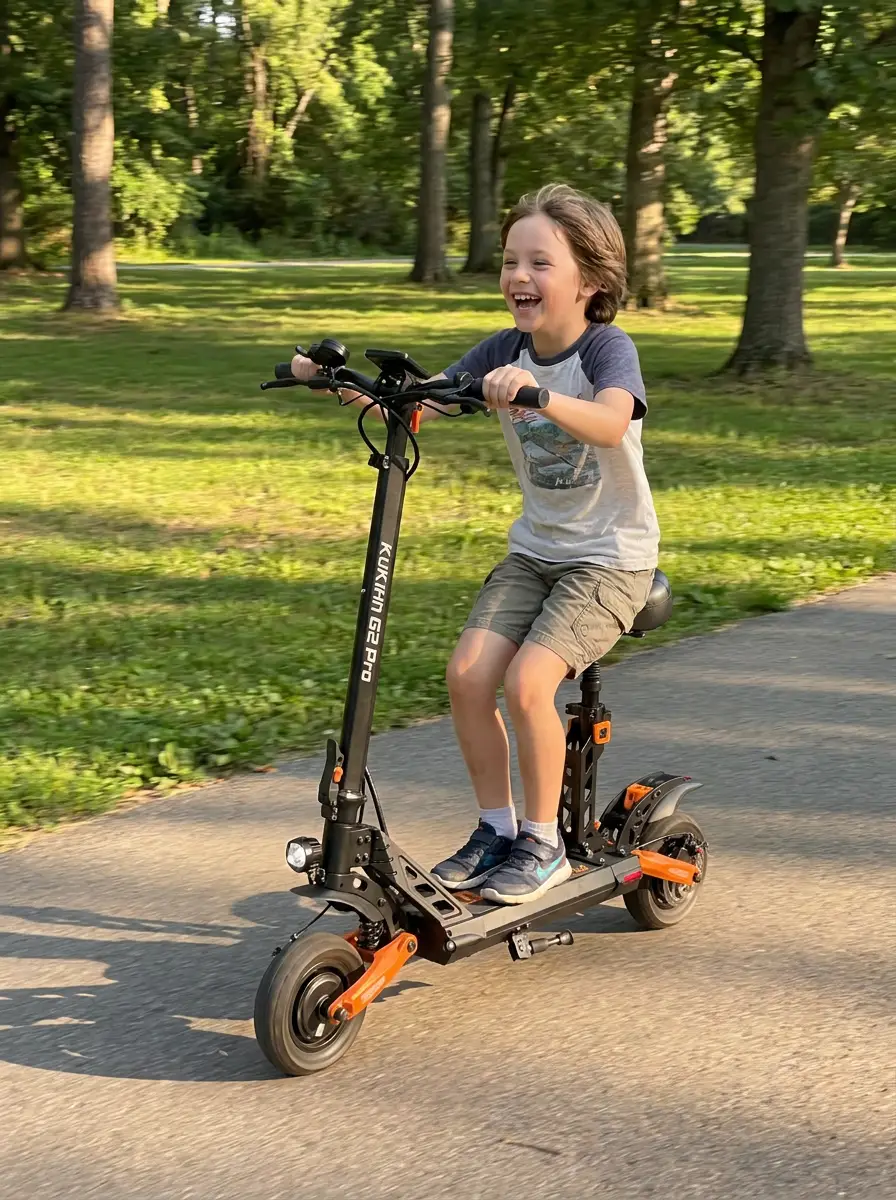 A child riding a Gorilla Karts electric scooter in the park