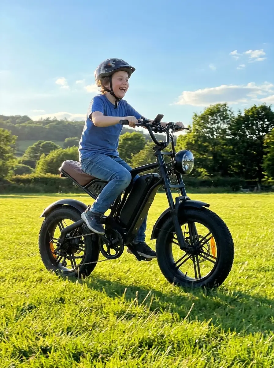 A child riding a Gorilla Karts electric bike across a field