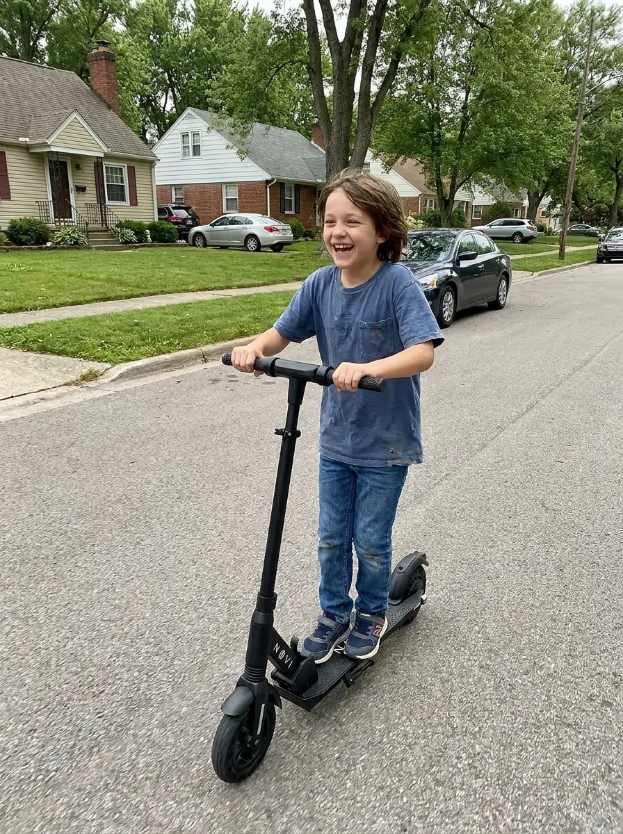 A child riding a Gorilla Karts electric scooter down the street
