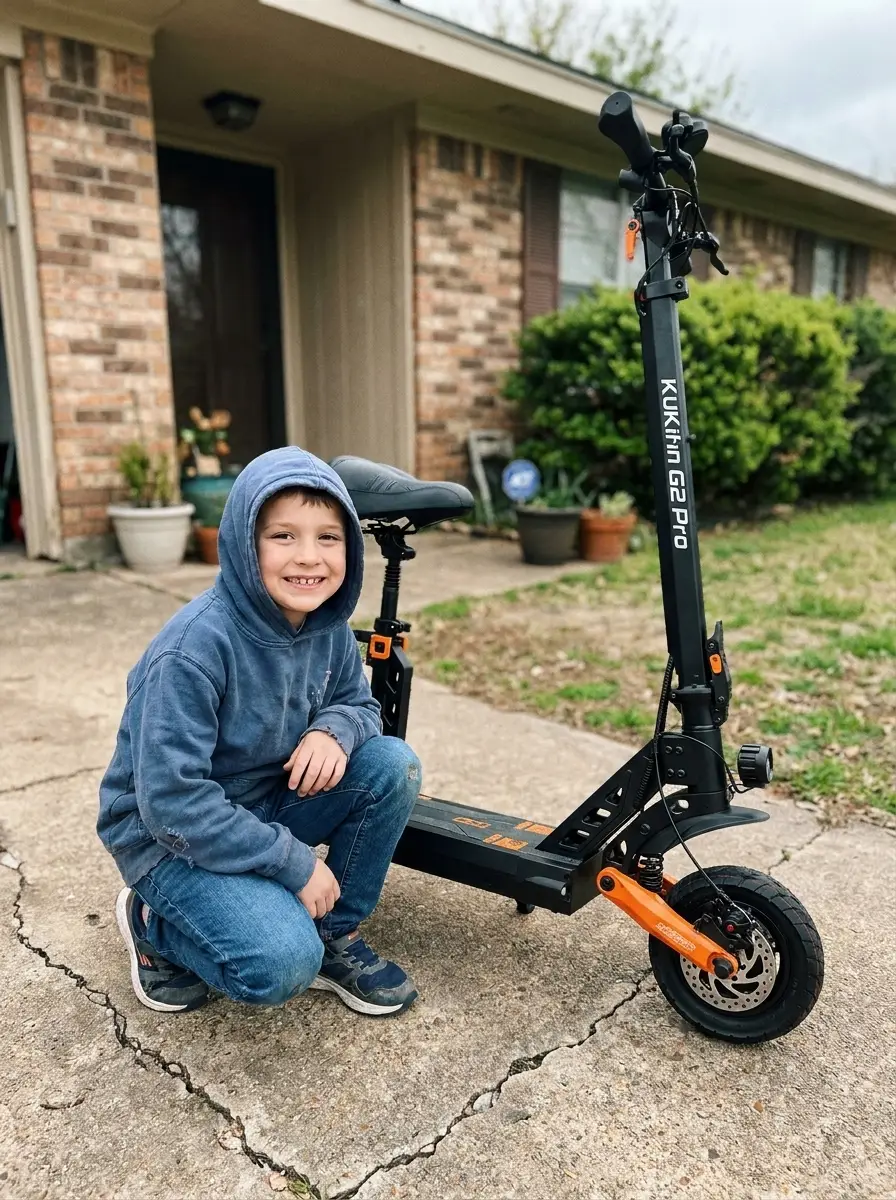 A smiling child beside their Gorilla Karts electric scooter