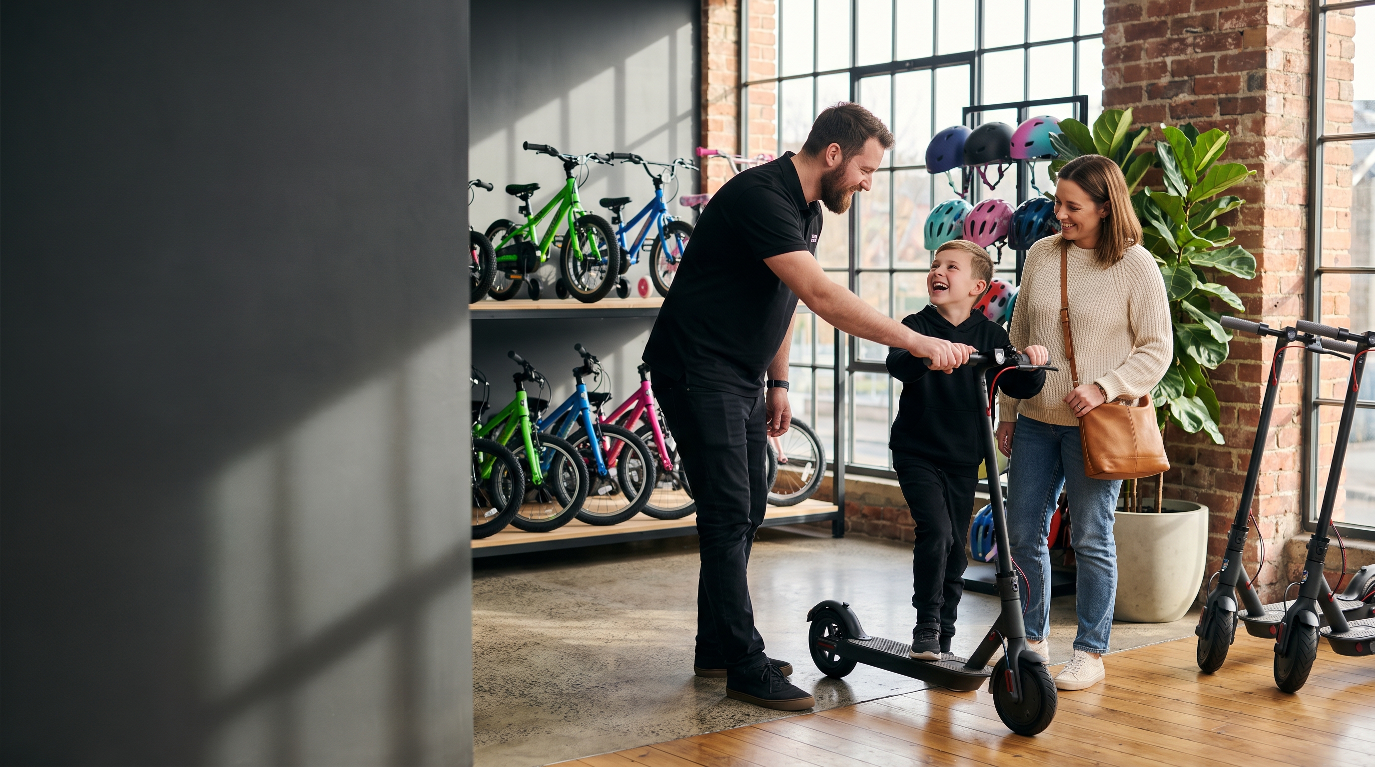 A Gorilla Karts shop specialist helping a child try an electric scooter while their mum looks on, with colourful kids' bikes and helmets on the shelves behind